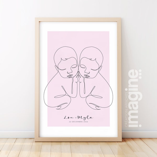 Affiche bébé jumeaux personnalisable en style Line art pour Décoration salon moderne et design en cadeau papa, maman, parent, noël, baptême