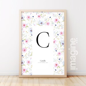 Póster de carta de nombre personalizable - Nacimiento, Cumpleaños - patrón de flores