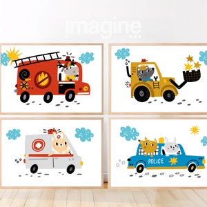 4 Poster mit Baustellenbaggerlader, Polizeiauto, Feuerwehrauto und Krankenwagen zur Dekoration des Baby-Kinderzimmers als horizontales Poster