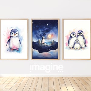Juego de 3 carteles de pingüino bajo la luna: encantadora decoración de dormitorio infantil con temática antártica