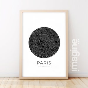 Affiche Paris City Map ville de France en poster carte art noir et blanc design pour décoration personnalisable salon parisien et voyage