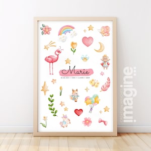 Póster personalizado con el nombre para nacimiento, cumpleaños, princesa de flores con tema navideño y animales lindos
