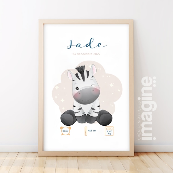 Affiche de naissance personnalisée "Zèbre" - Affiche bébé souvenir - Prénom, poids, taille et heure - Cadeau naissance anniversaire bebe