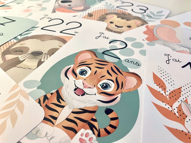 Cartes étapes bébé - 13 - 24 mois - 1 à 2 ans sur thème Animaux mignon jungle forêt pour souvenir photo famille deuxième année image 10