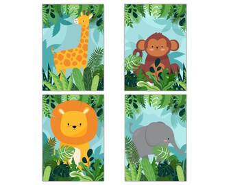 4 Jungle Animal Baby Posters: Lion, Elephant, Giraffe, Monkey - Safari Poster for Children - Unisex Nursery Decor - Modern Graphic Style
