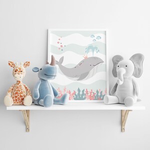 Set med tre posters: Val, Rocka, Sköldpadda för barnrum - Väggdekoration med havsmotiv bild 16