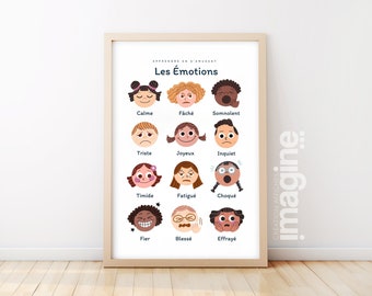 Affiche Les émotions -  calme colère triste effrayé - chambre enfant école maternelle primaire - poster enfant garçon et fille apprentissage