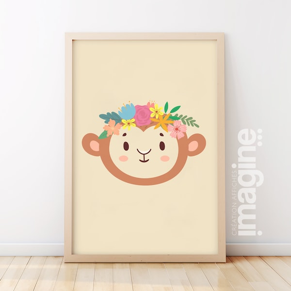 Poster Monkey Animals romantic flower for child girl boy in deco poster room theme boho jungle or other - fox, koala, lion