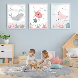 Set med tre posters: Val, Rocka, Sköldpadda för barnrum - Väggdekoration med havsmotiv bild 8