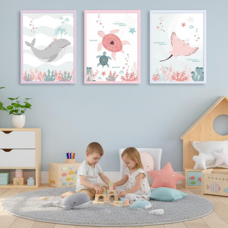 Set med tre posters: Val, Rocka, Sköldpadda för barnrum - Väggdekoration med havsmotiv bild 8