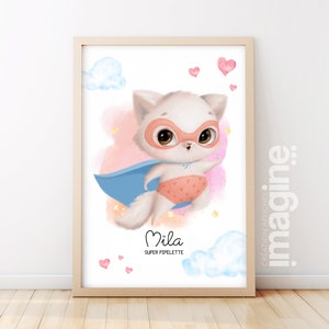 Affiche super héros enfant chat mignon avec personnalisation de la qualité de l'enfant et prénom pour un cadeau unique pour anniversaire