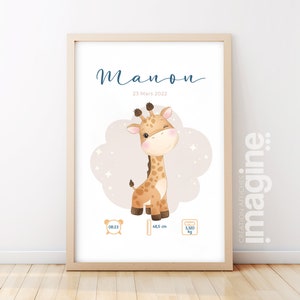 Affiche de naissance personnalisée "Girafe" - Affiche bébé souvenir - Prénom, poids, taille et heure - Cadeau naissance anniversaire bebe