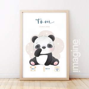 Affiche de naissance personnalisée "Panda" - Affiche bébé souvenir - Prénom, poids, taille et heure - Cadeau naissance anniversaire bebe