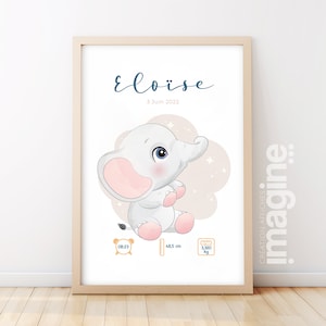 Affiche de naissance personnalisée "Éléphant" - Affiche bébé souvenir - Prénom, poids, taille et heure - Cadeau naissance anniversaire bebe