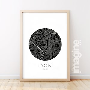 Affiche Lyon City Map ville de France en poster style carte art en noir et blanc design pour décoration salon ou chambre souvenir Lyonnais