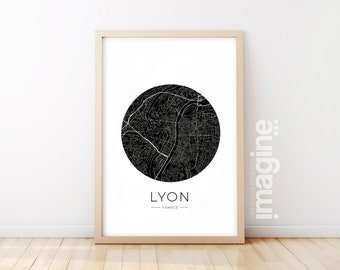 Poster Lyon stadskaart stad van Frankrijk in posterstijl kaartkunst in zwart-wit ontwerp voor decoratie woonkamer of slaapkamer souvenir Lyonnais