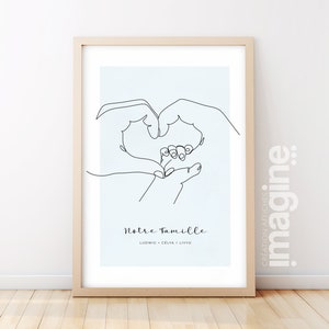 Poster hand in heart parent and baby customizable Line art style for Living room or bedroom decoration as a gift Mother's Day birth, Christmas