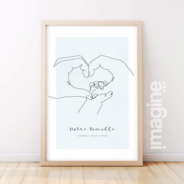 Poster Hand im Herzen, Eltern und Baby, personalisierbar, Line-Art-Stil für Wohnzimmer- oder Schlafzimmerdekoration als Geschenk zum Muttertag, zur Geburt, zu Weihnachten