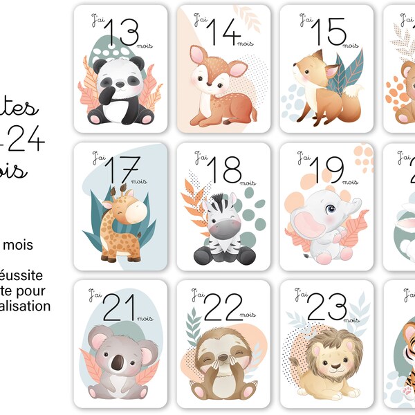 Baby milestone cards - 13 - 24 months - 1 to 2 years on cute animals jungle forest theme for family photo souvenir second year