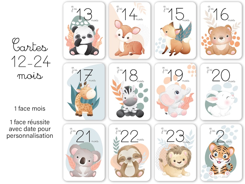Cartes étapes bébé - 13 - 24 mois - 1 à 2 ans sur thème Animaux mignon jungle forêt pour souvenir photo famille deuxième année image 2