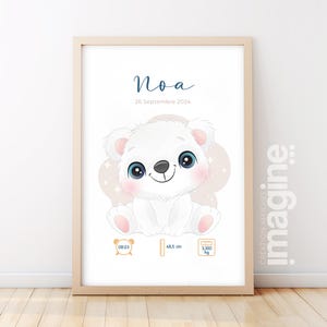 Affiche Naissance Personnalisée 'Ours polaire' - Souvenir chambre Bébé