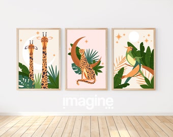Affiche Léopard Éléphant Oiseau en Décoration thème jungle savane et Posters design illustration safari pour Deco salon chambre