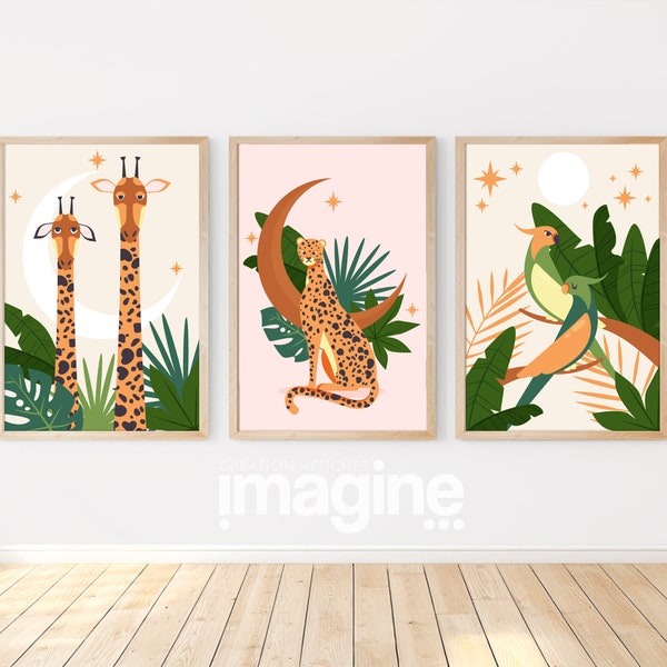 Affiche Léopard Éléphant Oiseau en Décoration thème jungle savane et Posters design illustration safari pour Deco salon chambre