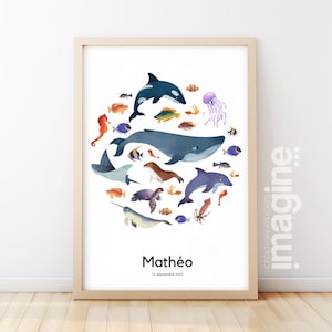 Póster de animales marinos con texto personalizable para nacimiento o póster de nombre.