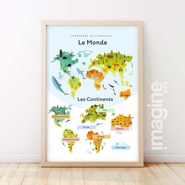 Affiche Le monde et les continents - Europe Amérique - enfant école maternelle primaire - poster enfant garçon et fille apprentissage