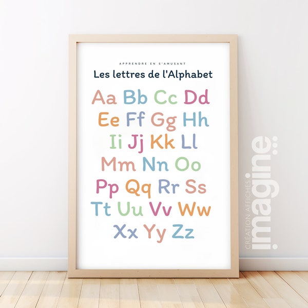 Affiche Apprendre les lettres de l'alphabet A B C D E F G H pour chambre enfant école, maternelle, primaire - poster enfant garçon et fille