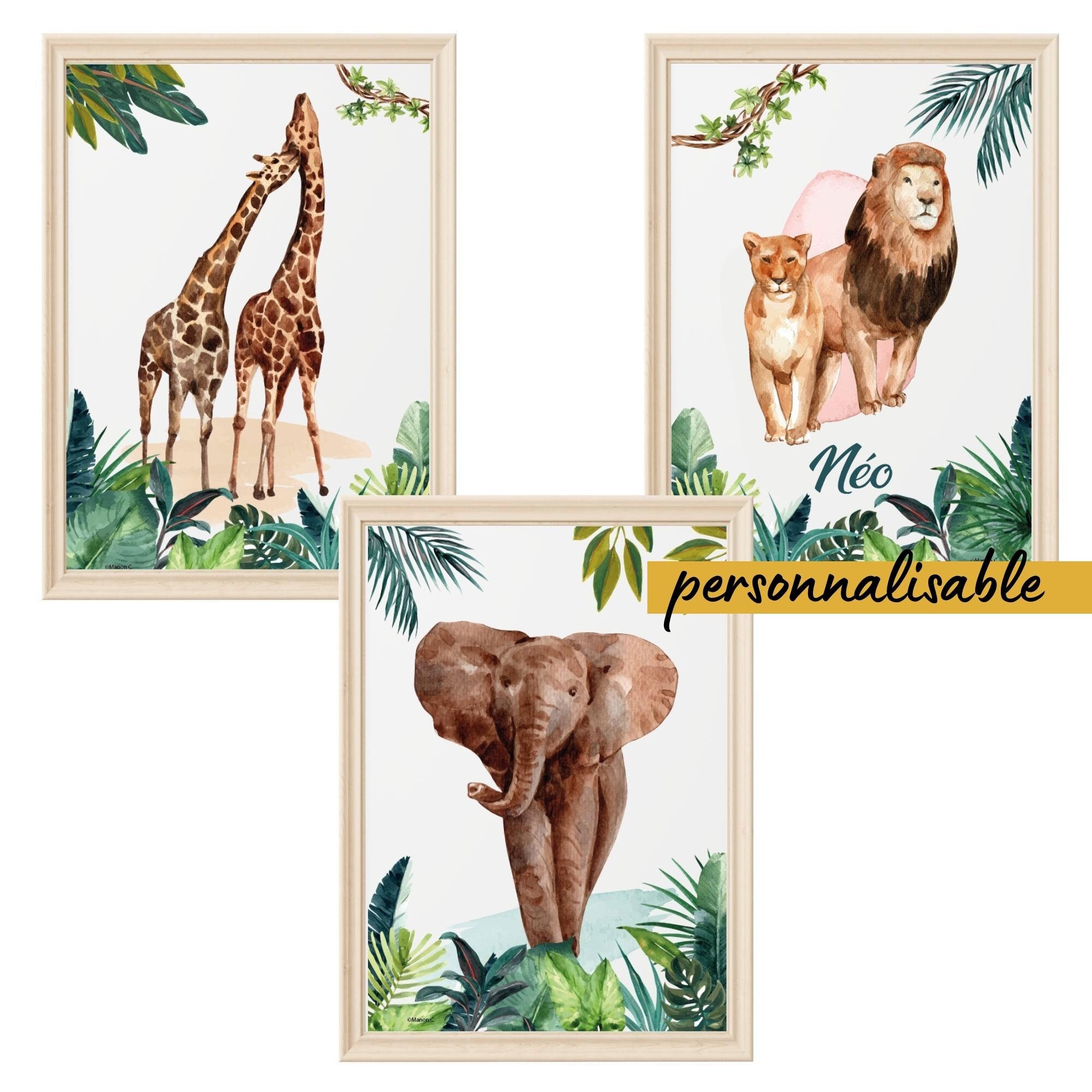 3 Affiches Personnalisé Jungle Decoration - Lion Eléphant Girafe Chambre Salon Adulte Enfant Anniver