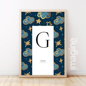 Cartel carta inicial nombre fecha de nacimiento personalizado patrón de noche estrellada regalo original nacimiento bautismo bebé niño niña niño