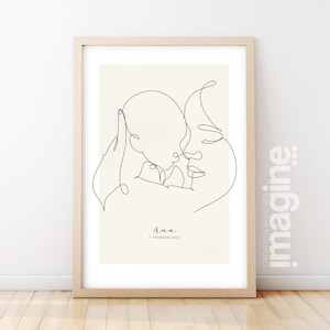 Affiche maman bébé personnalisable style Line art pour Décoration salon moderne et design en cadeau Fête des mère, naissance, baptême