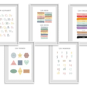 Affiche apprentissage abécédaire numéros formes couleurs jours pour enfant bébé en poster chambre salle de jeux avec lettres abcd chiffres
