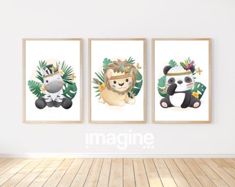 Affiches lion zèbre et panda mignon dans la jungle pour enfant bébé thème savane jungle et animaux mignons pour chambre enfant