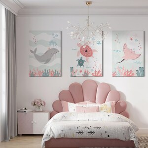 Set med tre posters: Val, Rocka, Sköldpadda för barnrum - Väggdekoration med havsmotiv bild 12