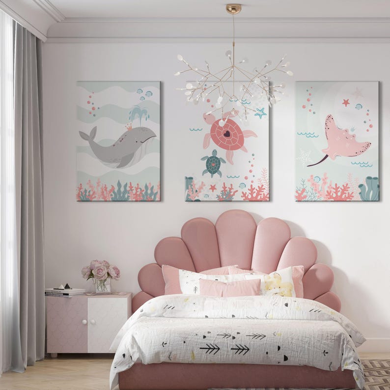 Set med tre posters: Val, Rocka, Sköldpadda för barnrum - Väggdekoration med havsmotiv bild 12