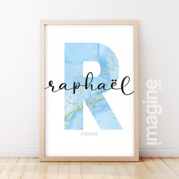 Affiche lettre prénom personnalisable pour cadeau naissance anniversaire avec date nom surnom de bébé enfant en décoration poster mural