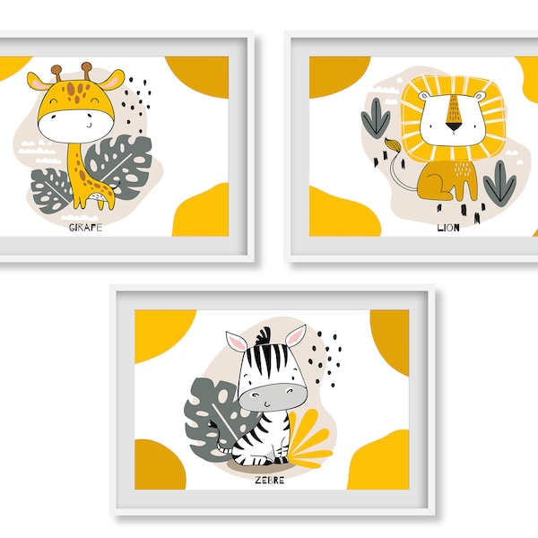 Affiches lot Lion Zèbre Girafe jaune horizontale pour Déco chambre thème jungle safari et animaux illustration pour enfant