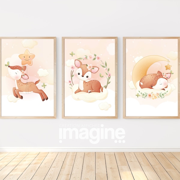 Affiches Biche mignonne illustration pour chambre enfant bébé dans une Décoration fille en Idée cadeau Naissance sur le Thème animaux