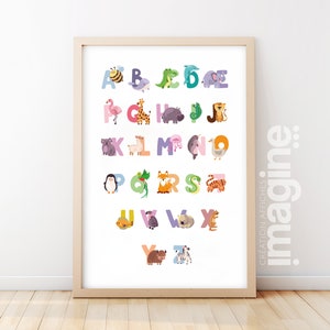 Alphabet-Poster mit den Buchstaben abcd, Delfin, Krokodil, Biene, Wal zur Dekoration des Kinderzimmers oder Spielzimmers mit Dschungeltier-Thema