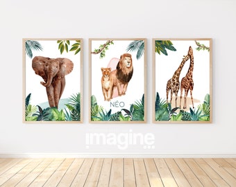 3 personalized jungle decoration posters with lion, elephant, and giraffe for adult and child's bedroom/living room with a safari animal theme
