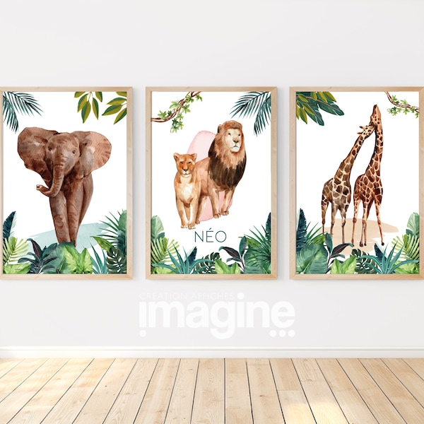 3 affiches personnalisées Jungle decoration avec Lion Eléphant Girafe pour Chambre salon adulte enfant sur le thème safari animaux