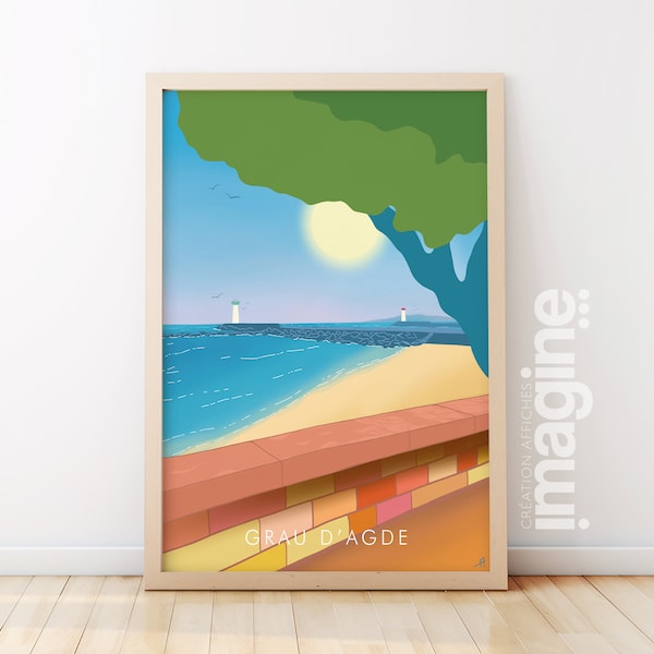 Le Grau d'Agde in Hérault in the south of France, a holiday souvenir illustration of a village in the sun on the shores of the Mediterranean