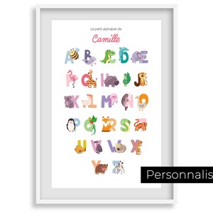 Póster ABC personalizable con nombre para niño bebé tema animal en decoración dormitorio con letra abcd delfín abeja ballena