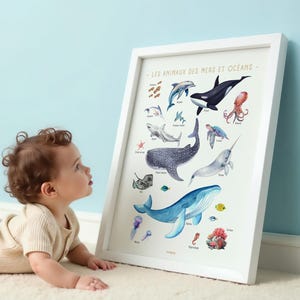 Pädagogisches Poster Meeres- und Ozeantiere - Wanddekoration für Kinder - Aquarell-Illustration