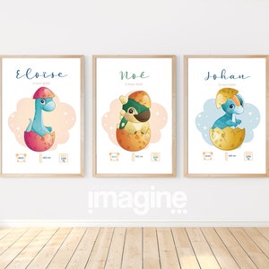 Poster di nascita personalizzato "Dinosauro" per souvenir del bambino con nome, peso, altezza e ora di fine. Regalo di nascita per compleanno