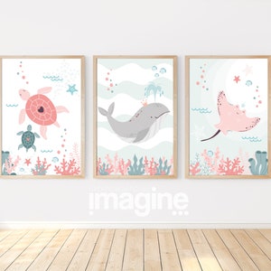Set de tres carteles de ballenas, rayas y tortugas para habitación infantil - Decoración de pared oceánica