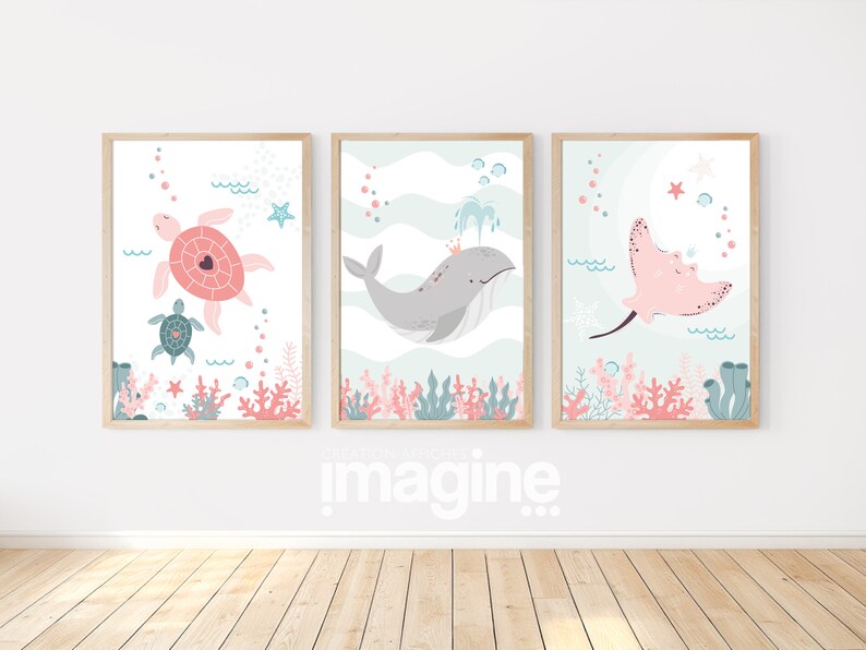 Set med tre posters: Val, Rocka, Sköldpadda för barnrum - Väggdekoration med havsmotiv bild 2
