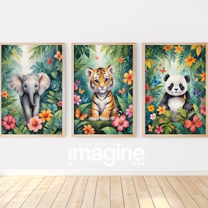 Póster de animales de la selva para habitación infantil con tigre, elefante y panda bebé para decoración de pared
